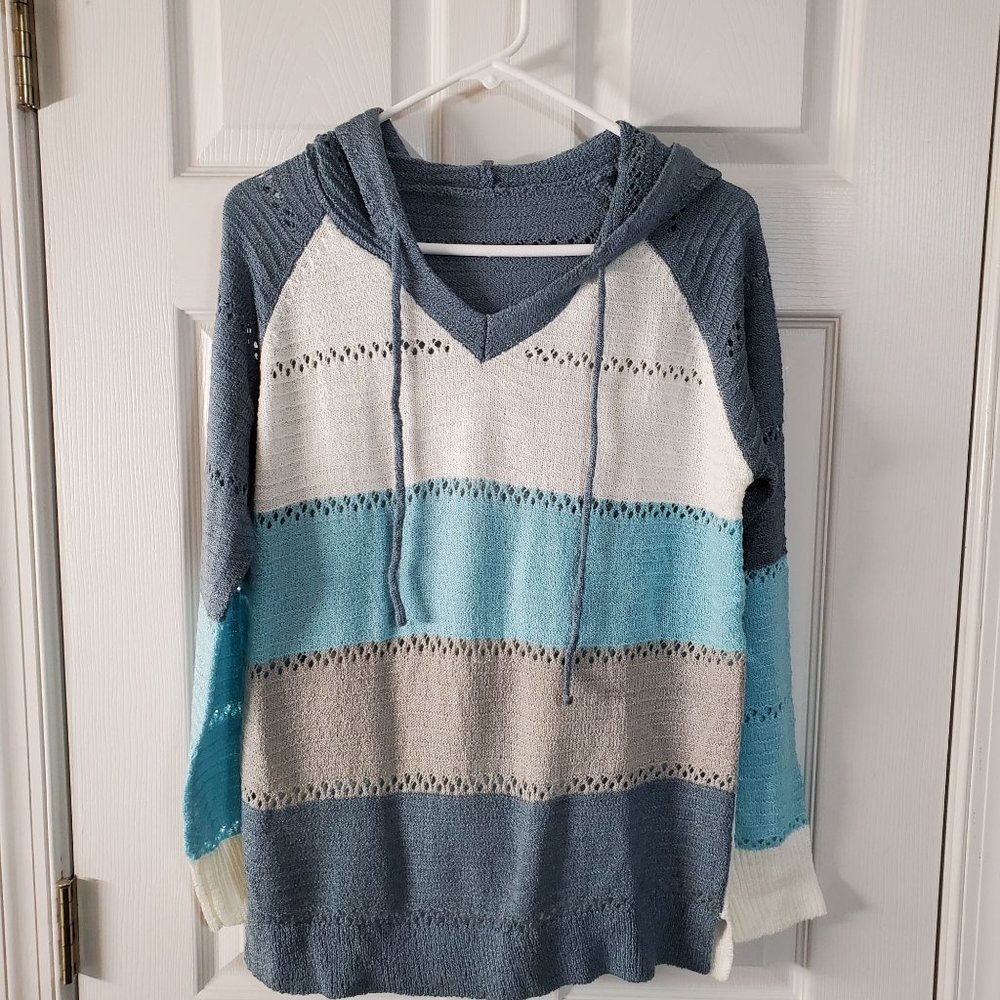 Biucly Women's Color Knit Hoodies Sweaters Loose Long Sleeve V Neck Drawstring